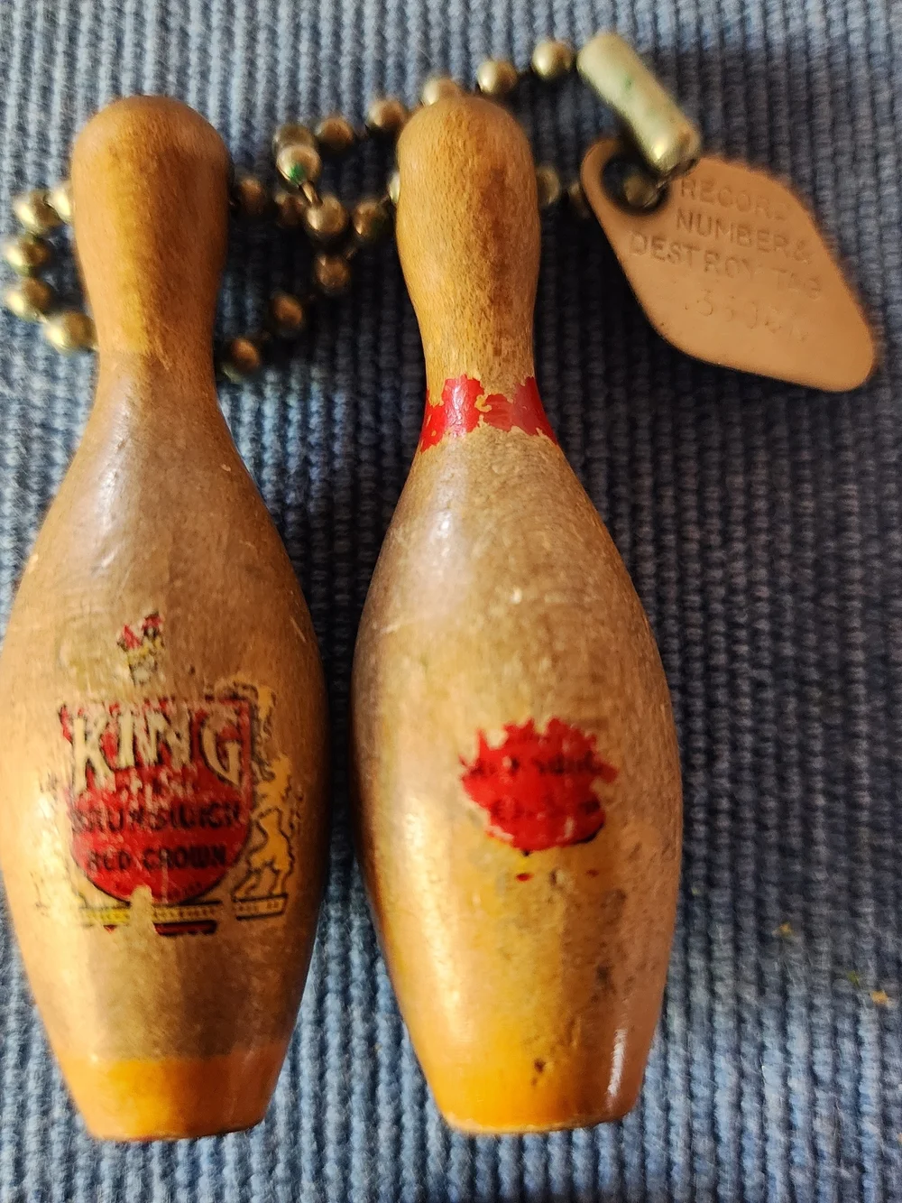 Vintage King Red Crown Brunswick Wooden Mini Bowling Pin Keychain Set.